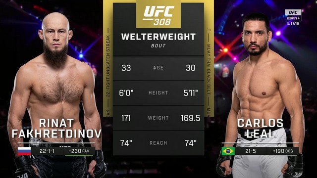 UFC 308 - Rinat Fakhretdinov vs Carlos Leal - October 26, 2024