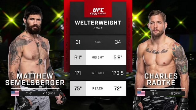 UFC Fight Night - Matthew Semelsberger vs Charles Radtke - November 9, 2024